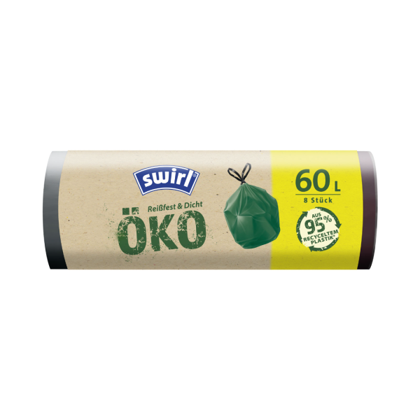 Swirl Öko-Müllbeutel Reißfest & Dicht 60 Liter, mit Zugband, dunkelgrün/blickdicht, aus 95 % Recyclingmaterial